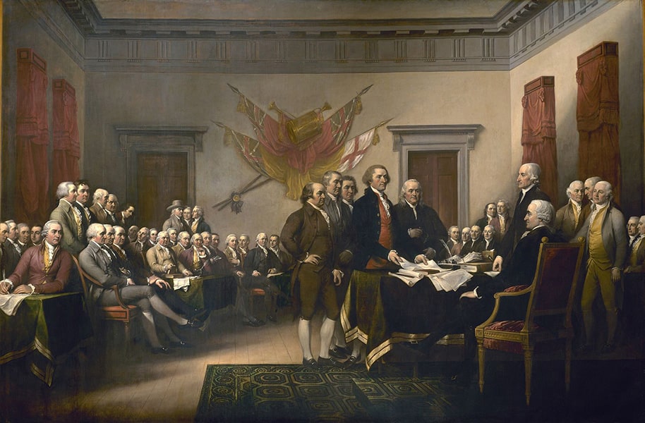 A painting of the US founding fathers signing the declaration of independence