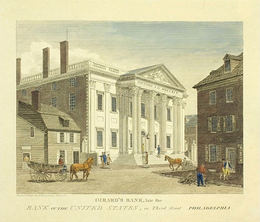 A drawing of a white bank with columns surrounded by other buildings and horse-drawn carriages on the road