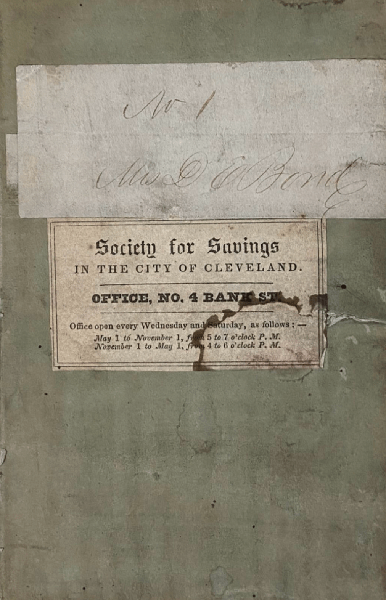 A color image of a document entitled 'Society for Savings in the city of Cleveland, Office No. 4, Bank St.'