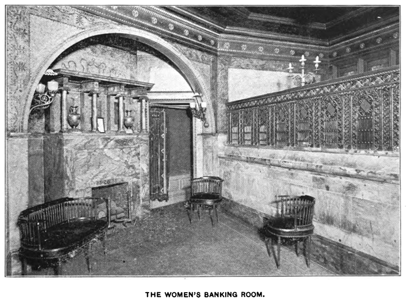 A black-and-white photograph depicting the interior of a room dedicated to women for banking. Inside the room, to the left, is a great arch with benches and chairs; on the right, the bank teller booth with an intricate metal fence.