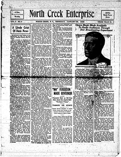 A black-and-white scan of the front page of the newspaper 'North Creek Enterprise.'