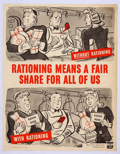 An animated poster captioned 'Rationing means a fair share for all of us.' On the top, it depicts a woman hoarding food while another woman has nothing; below, with rationing, both women have an equal share of food.