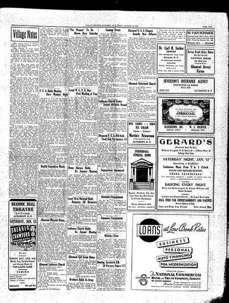 A black-and-white scan of the newspaper with a title on the top, 'Village Notes.' At the bottom is an ad for 'National Commercial Bank.'