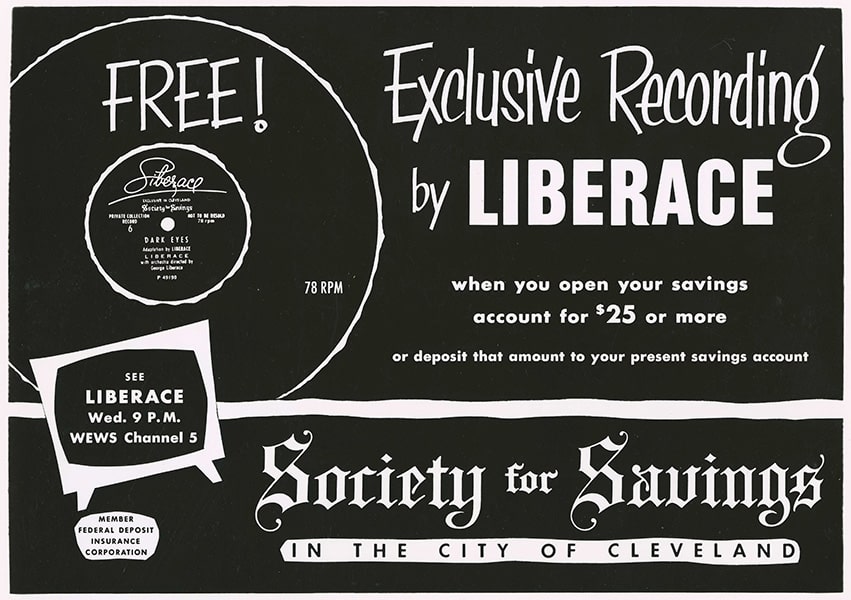 A primarily black ad with white drawing and font stating 'Free Record.' The ad states, 'Exclusive recording by Liberace.'