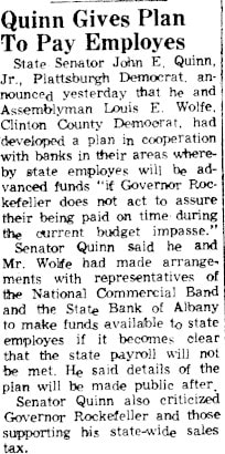 A newspaper clipping of an article with the title 'Quinn Gives Plan To Pay Employees.'