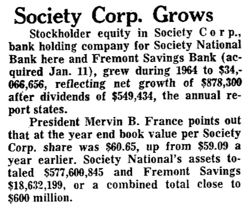 A newspaper clipping of an article with the title 'Society Corp. Grows.'