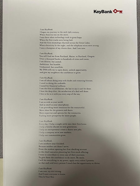 A picture of the document with a poem about KeyBank.