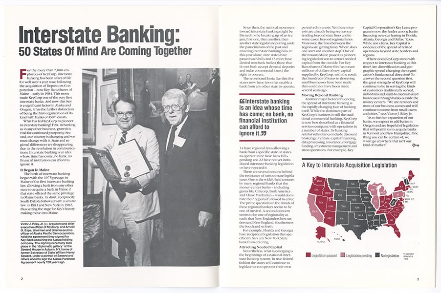 An image of a magazine article titled 'Interstate Banking: 50 states of mind are coming together.' On the first page, two men in suits with a document open; on the right, a map of the U.S. divided into pink, red, and black sections.