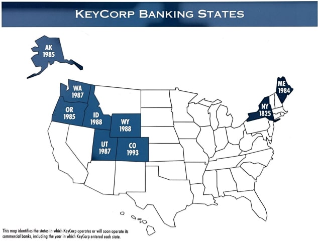 A map of the U.S. with nine states highlighted in blue as 'Keycorp Banking States.'