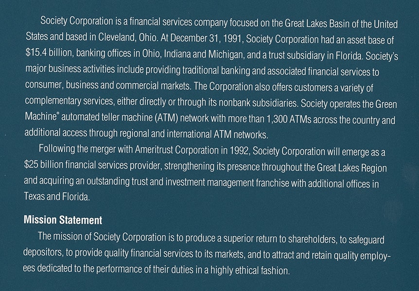 An image of the mission statement of the Society Corp and Ameritrust merger.