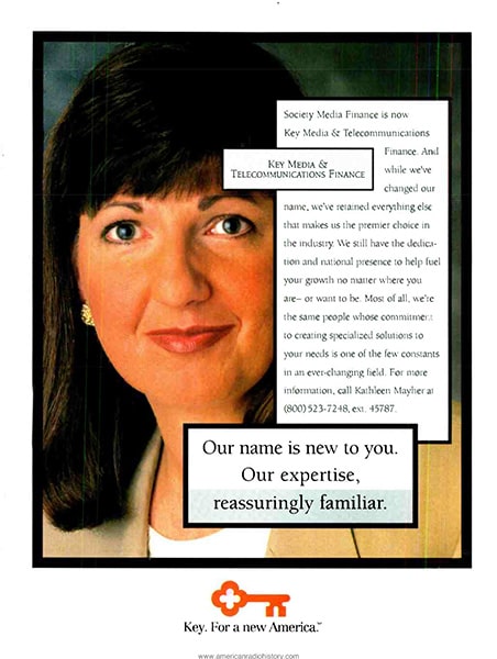 A magazine ad with a woman and a statement, 'Our name is new to you; our expertise is reassuringly familiar.'