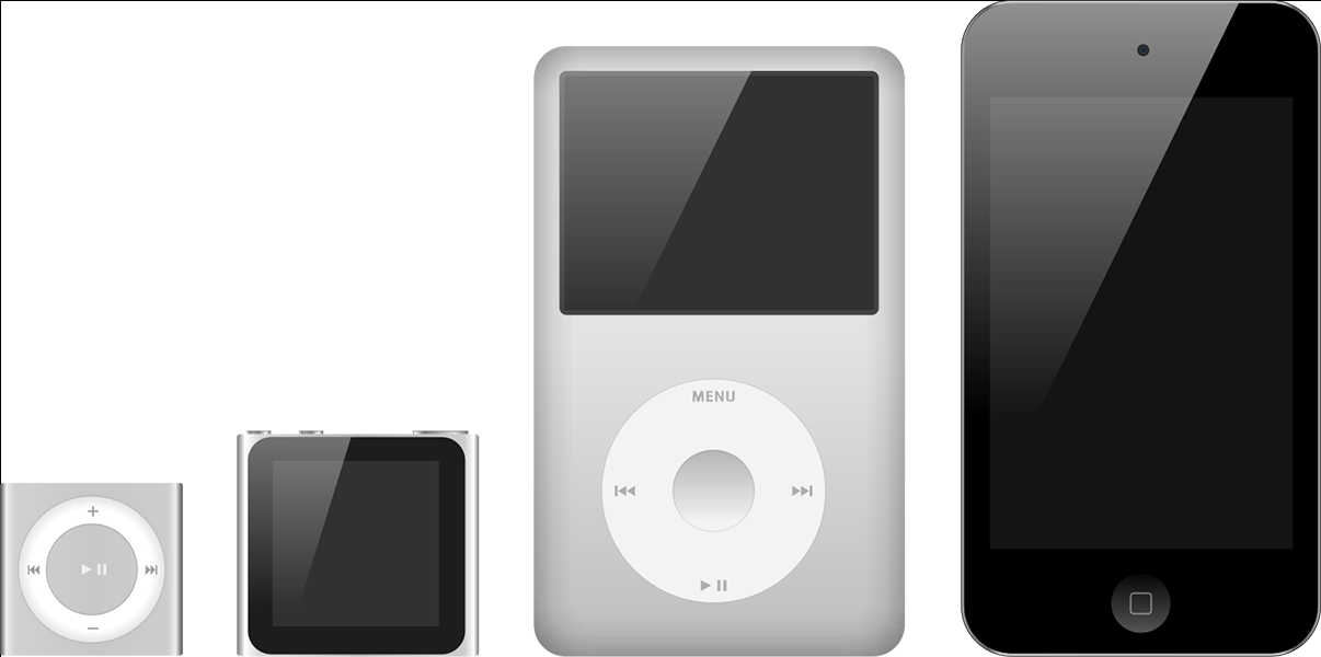 An image of a grey iPod Shuffle, iPod Nano, classic silver iPod, and iPhone.