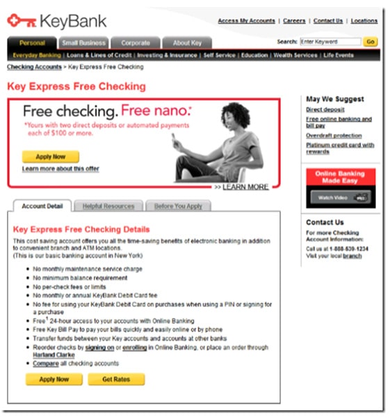 A screenshot of the KeyBank website with the iPod Nano promotion.