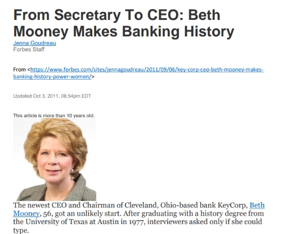 A screenshot of an online news article 'From Secretary to CEO: Beth Mooney Makes Banking History.'