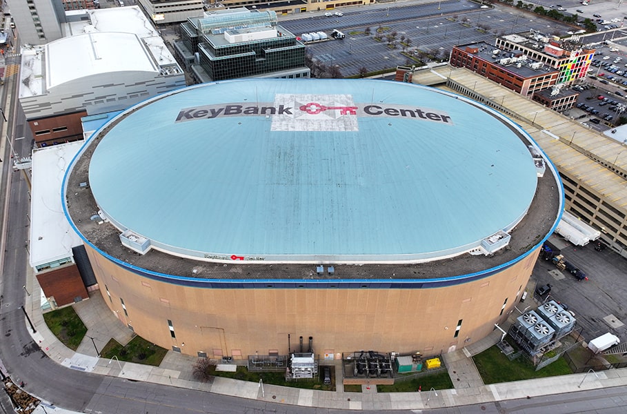 A colored aerial photograph of the KeyBank Center with empty streets.